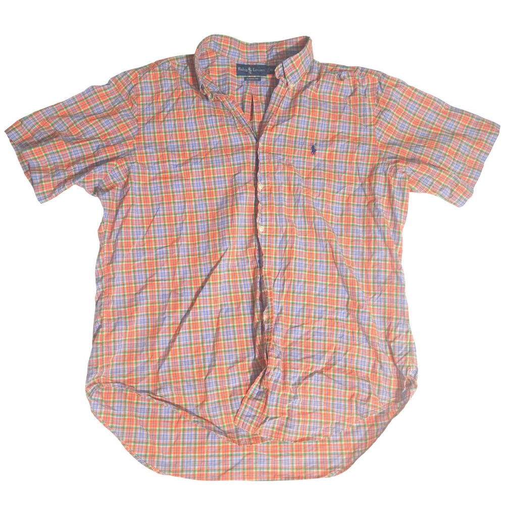 Ralph Lauren Mens XL Classic Fit Plaid Short Sleeve Button Down Shirt Orange